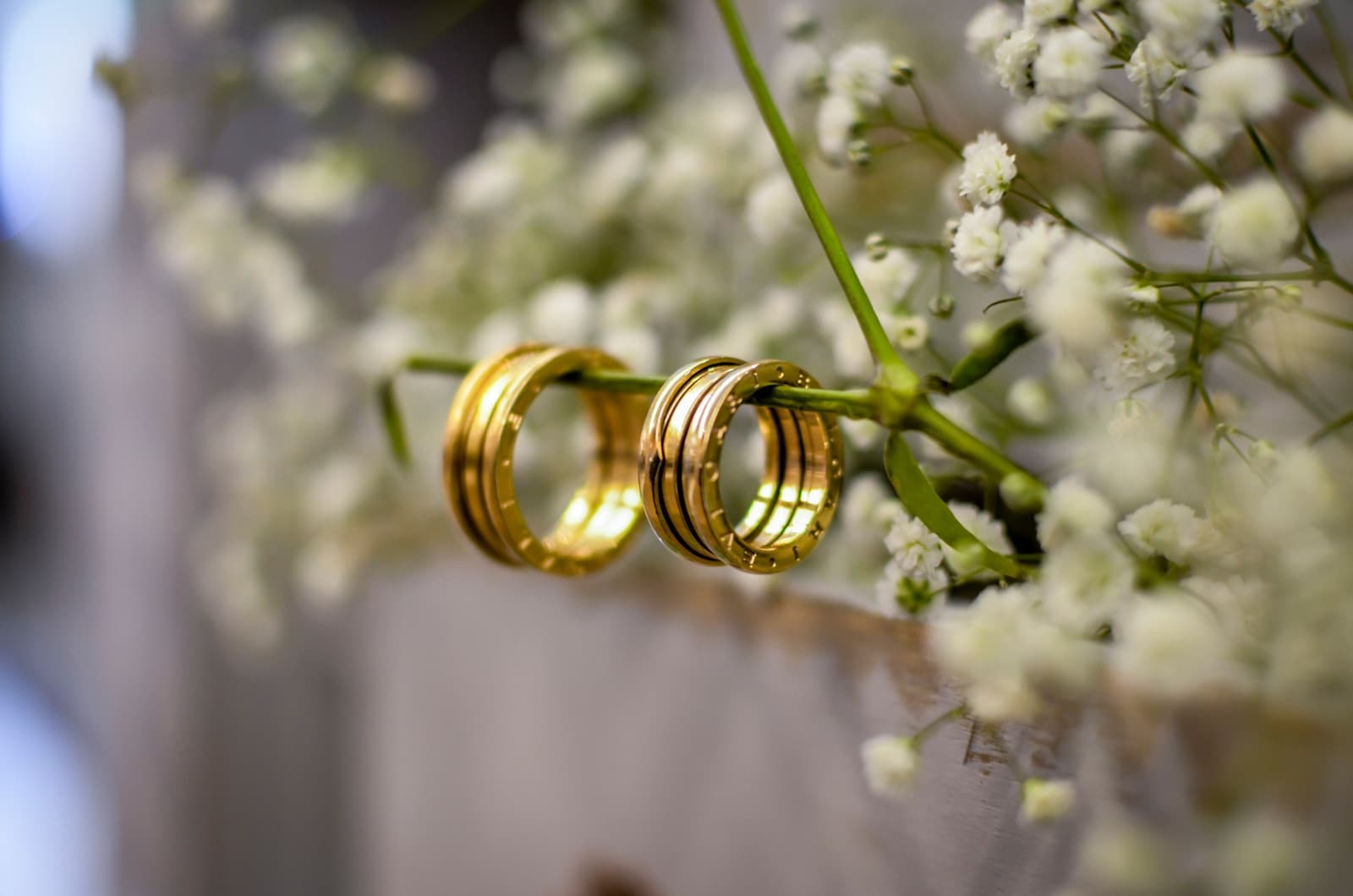 Two gold rings resting on a green stem surrounded by delicate white flowers.