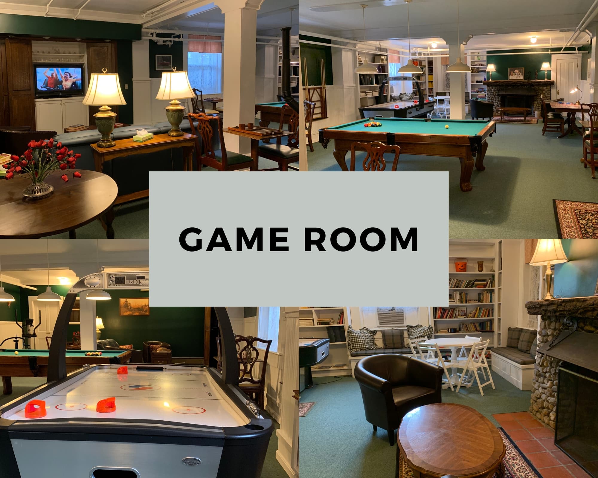 A cozy game room featuring a pool table, air hockey table, and comfortable seating areas.