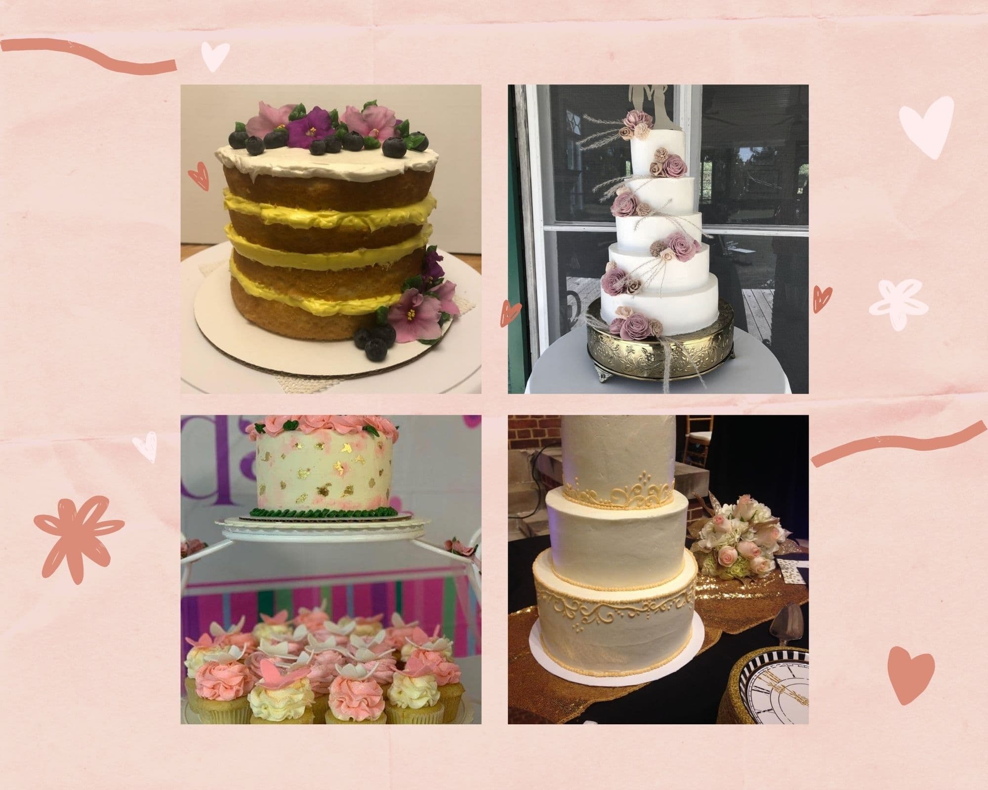 A collage of four decorated cakes and cupcakes, featuring floral accents and various designs.