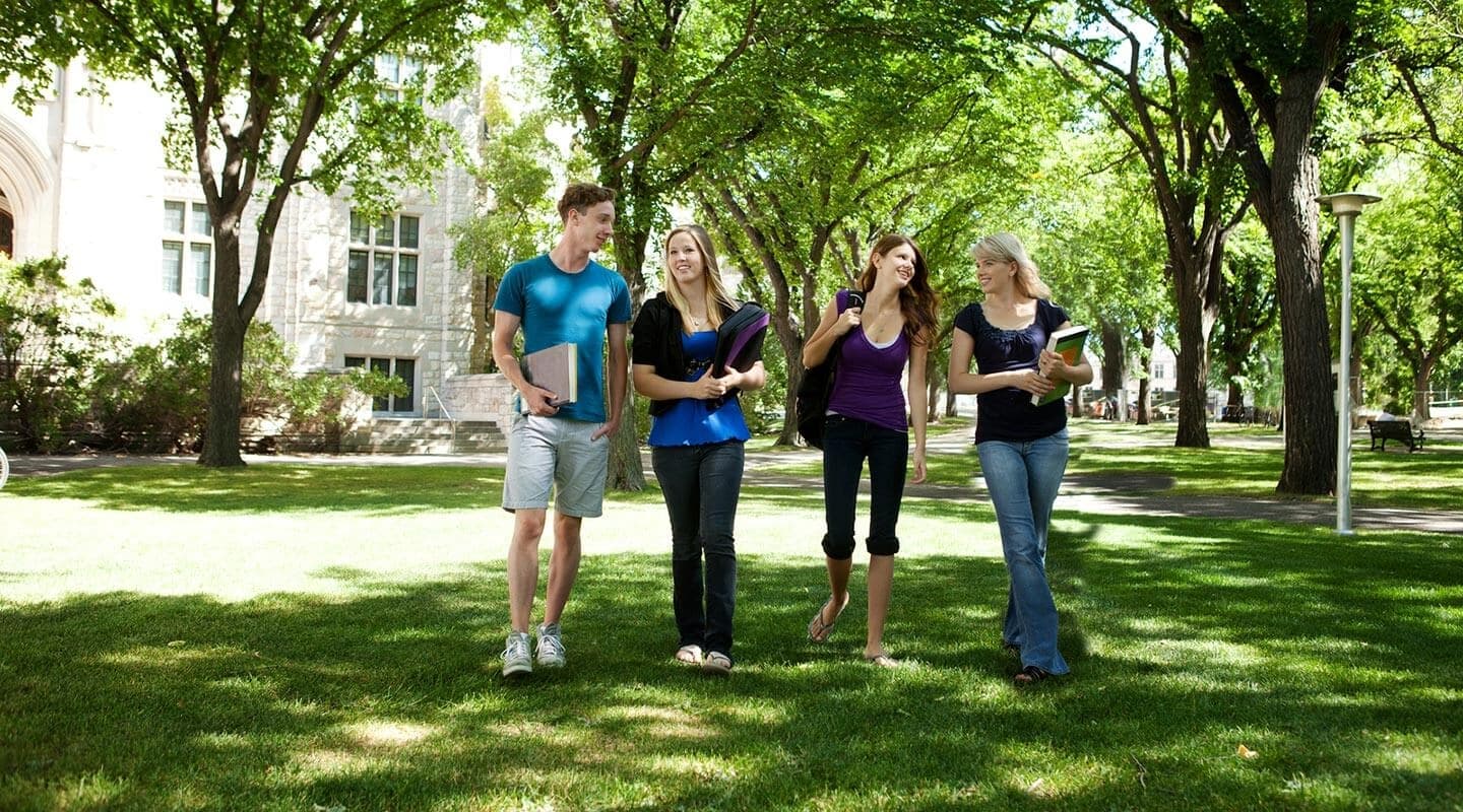 Four college students walking together on a sunny campus pathway surrounded by greenery.