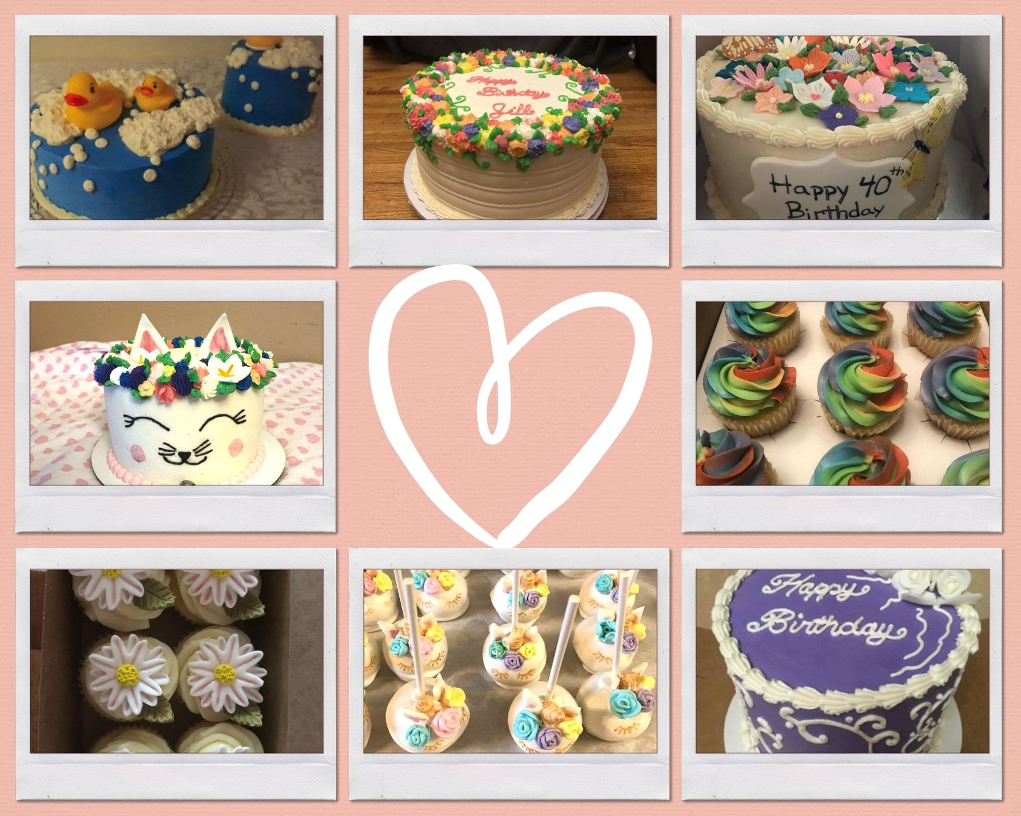 A collage of beautifully decorated cakes and cupcakes featuring various designs and messages for celebrations.