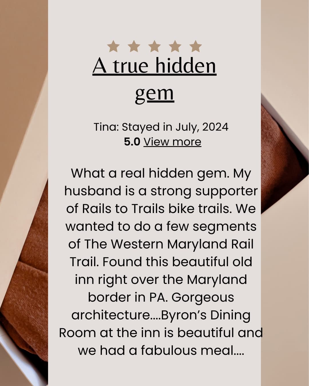 A glowing review highlighting a charming inn near bike trails.