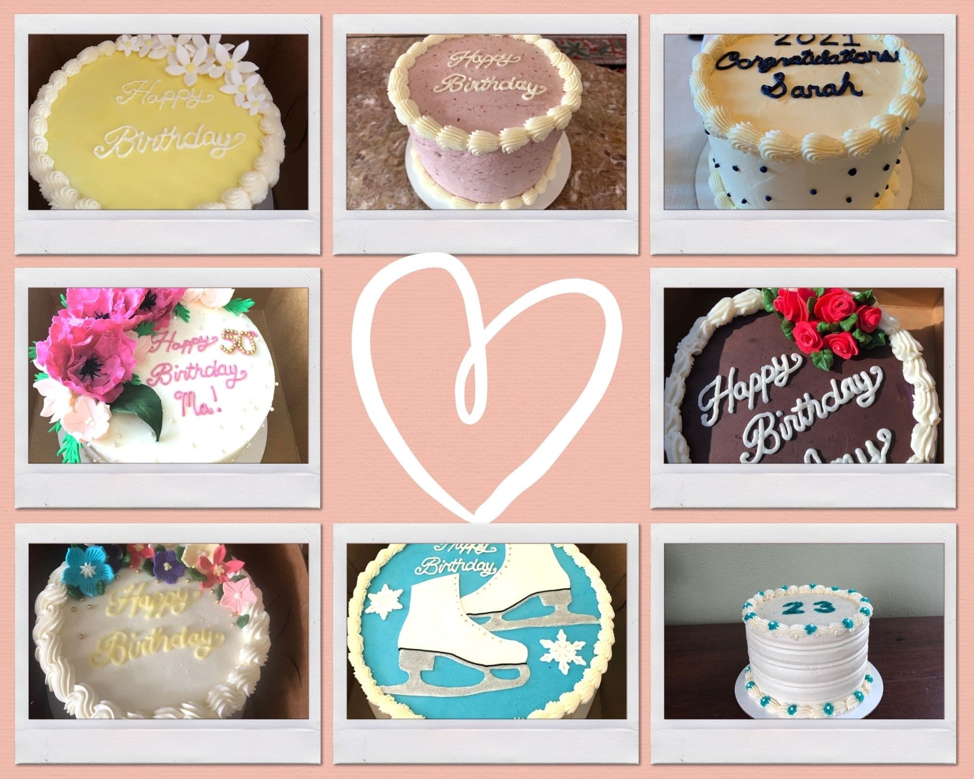 A collage of various colorful birthday cakes with different decorations and messages.