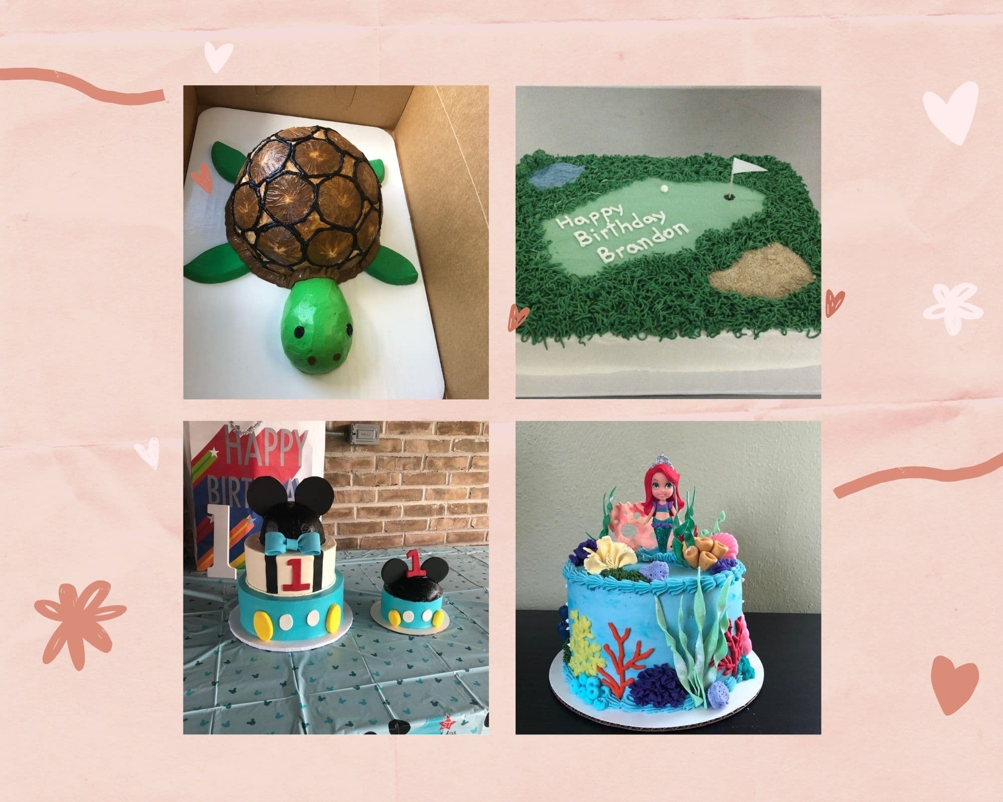 A collage of four birthday cakes: a turtle, a grass-themed cake with a message, a Mickey Mouse-themed cake, and an Ariel-themed cake.
