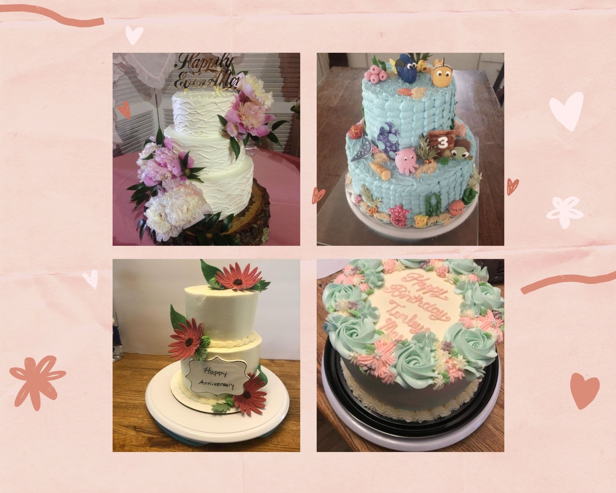 A collage of four decorated cakes for various celebrations, featuring floral designs and festive embellishments.