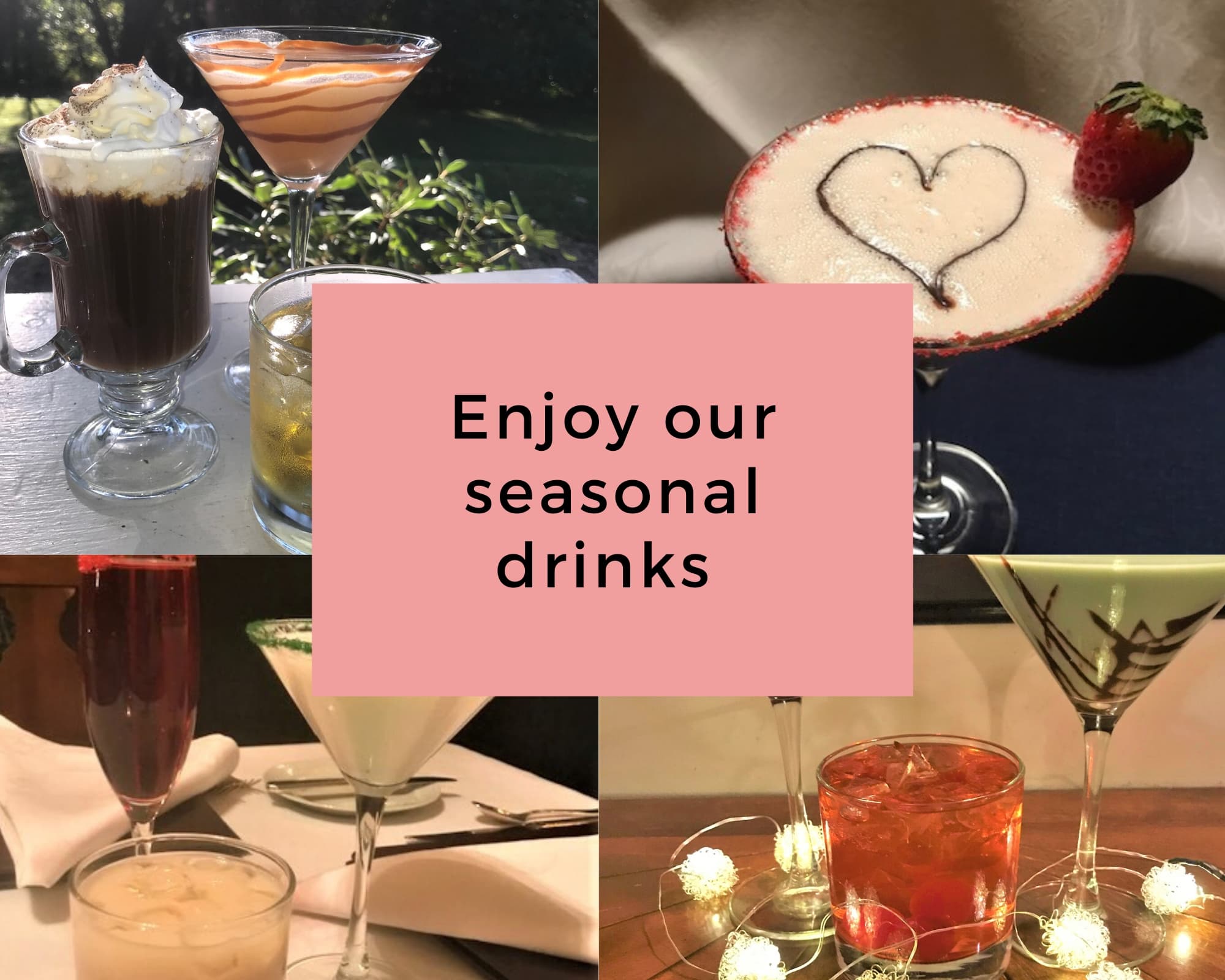A collage of various colorful seasonal drinks with a central text inviting to enjoy them.