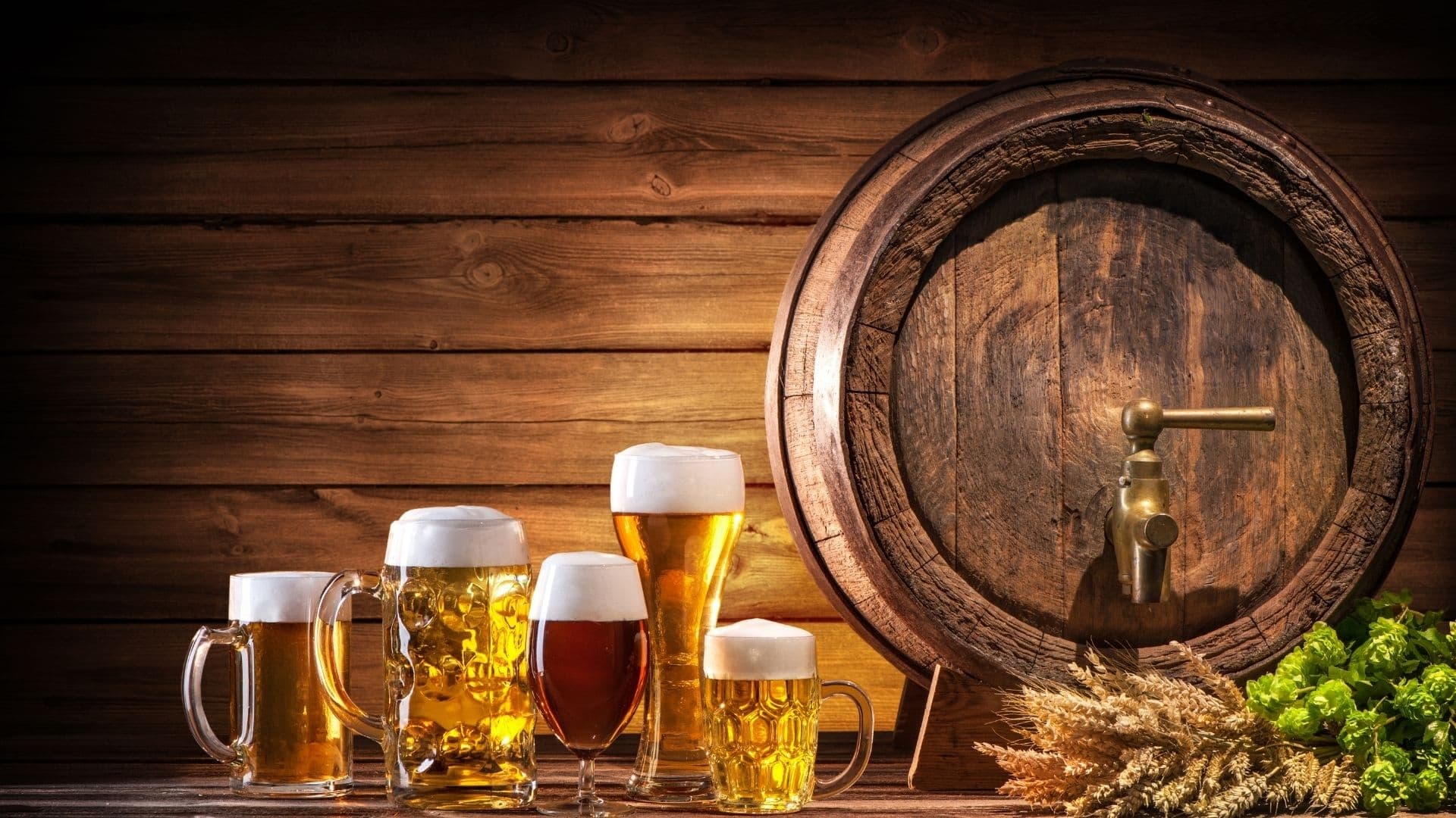 Various mugs of beer with frothy heads are placed in front of a wooden barrel tap. Green hops and wheat are arranged beside them, against a wooden backdrop.