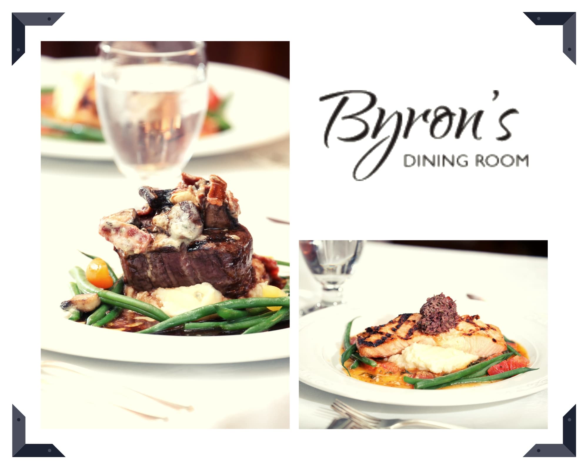 Elegant dining scene from Byron's Dining Room. Left: Steak with green beans and mashed potatoes. Right: Grilled fish with mash and garnishes. Elegant dining scene from Byron's Dining Room. Left: Steak with green beans and mashed potatoes. Right: Grilled fish with mash and garnishes.